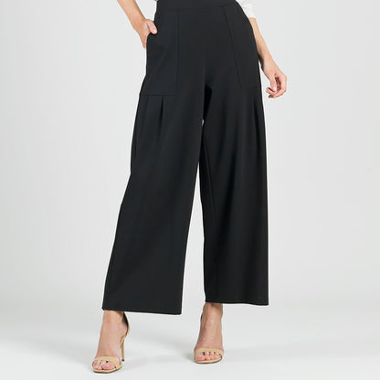 Rayon-Ponte Knit - Pleated Wide Leg Pocket Pant - Black | Clara Sunwoo
