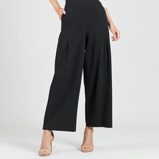 Rayon-Ponte Knit - Pleated Wide Leg Pocket Pant - Black | Clara Sunwoo
