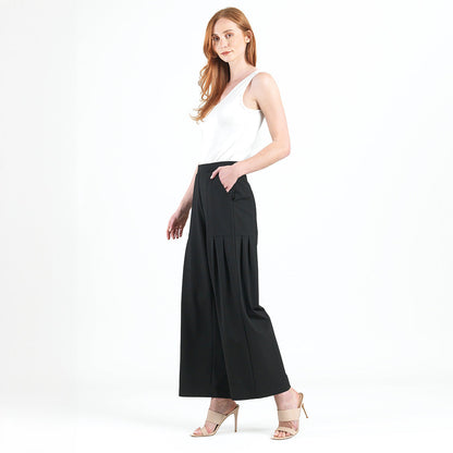 Rayon-Ponte Knit - Pleated Wide Leg Pocket Pant - Black | Clara Sunwoo