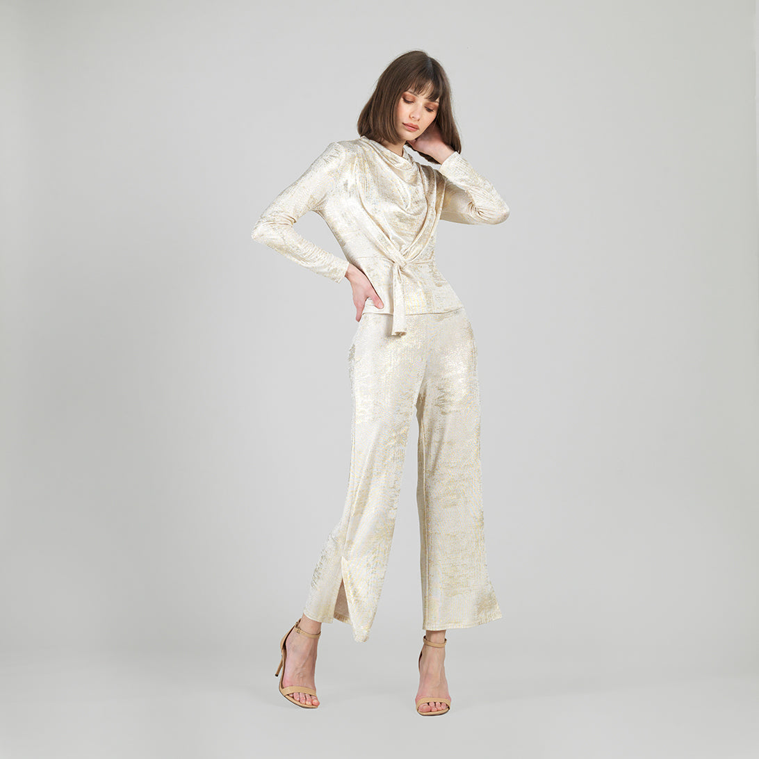 Foil Sheen - Side Slit Ankle Pant - Champagne - Limited Sizes | Clara Sunwoo