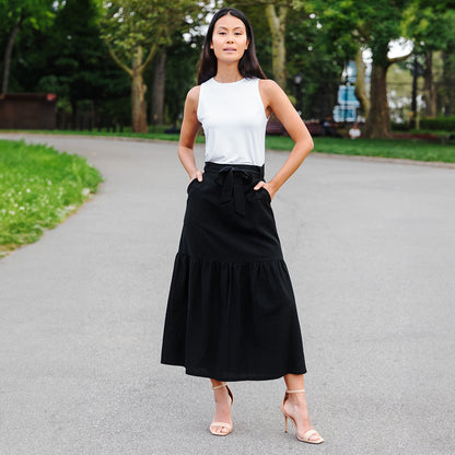 Linen Knit - Tie Waist Tiered Maxi Skirt - Black - Final Sale! | Clara Sunwoo