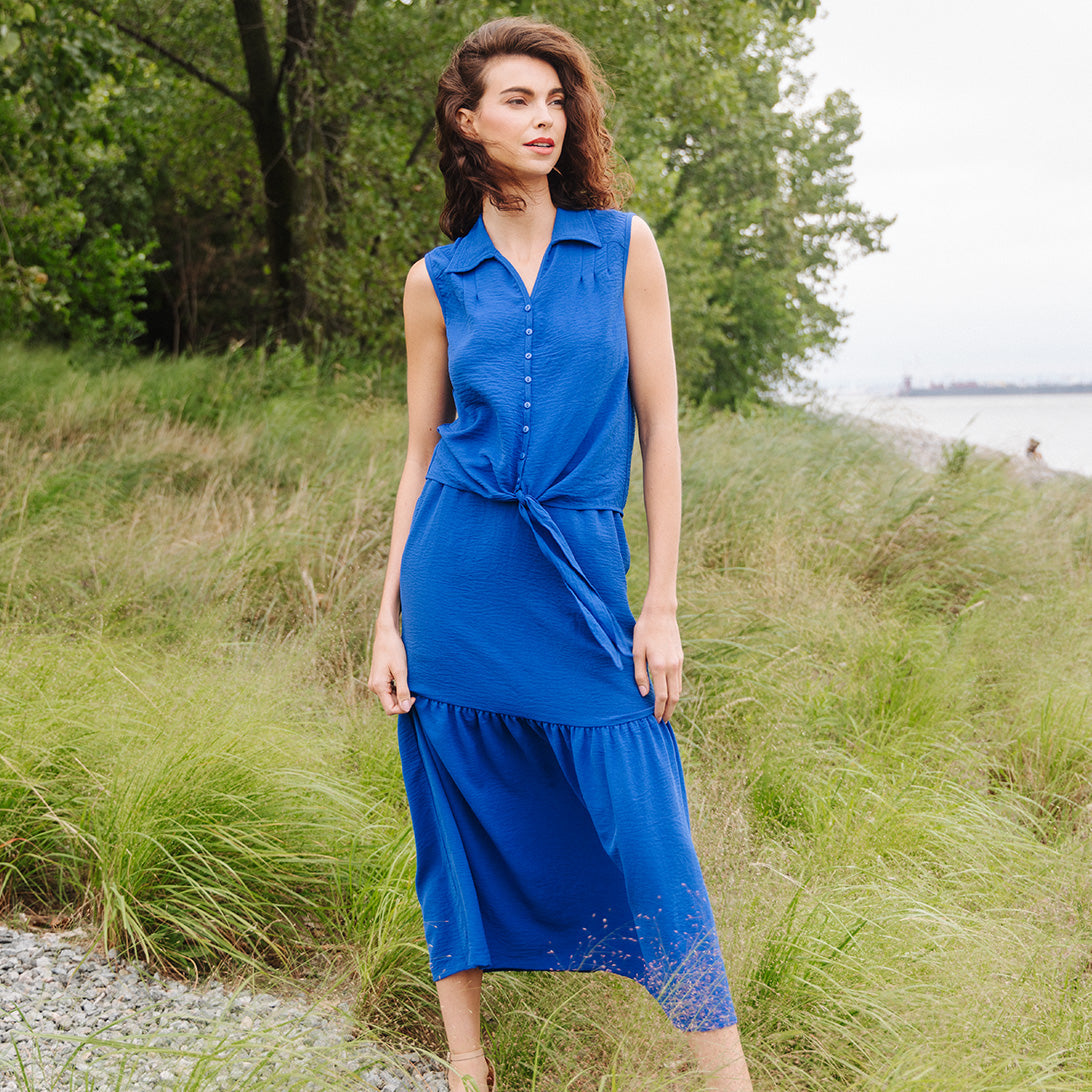 Soft Textured Rayon - Tie Waist Tiered Maxi Skirt - Cobalt - Final Sale! | Clara Sunwoo