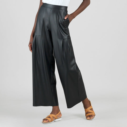 Liquid Leather™ - Sheen Pleated Wide Leg Pocket Pant - Black | Clara Sunwoo