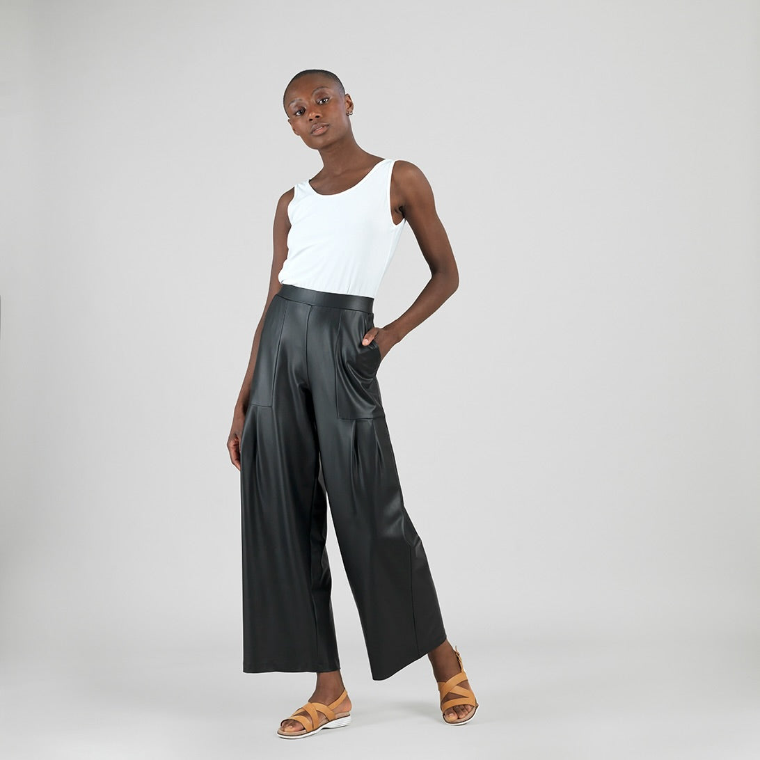 Liquid Leather™ - Sheen Pleated Wide Leg Pocket Pant - Black | Clara Sunwoo