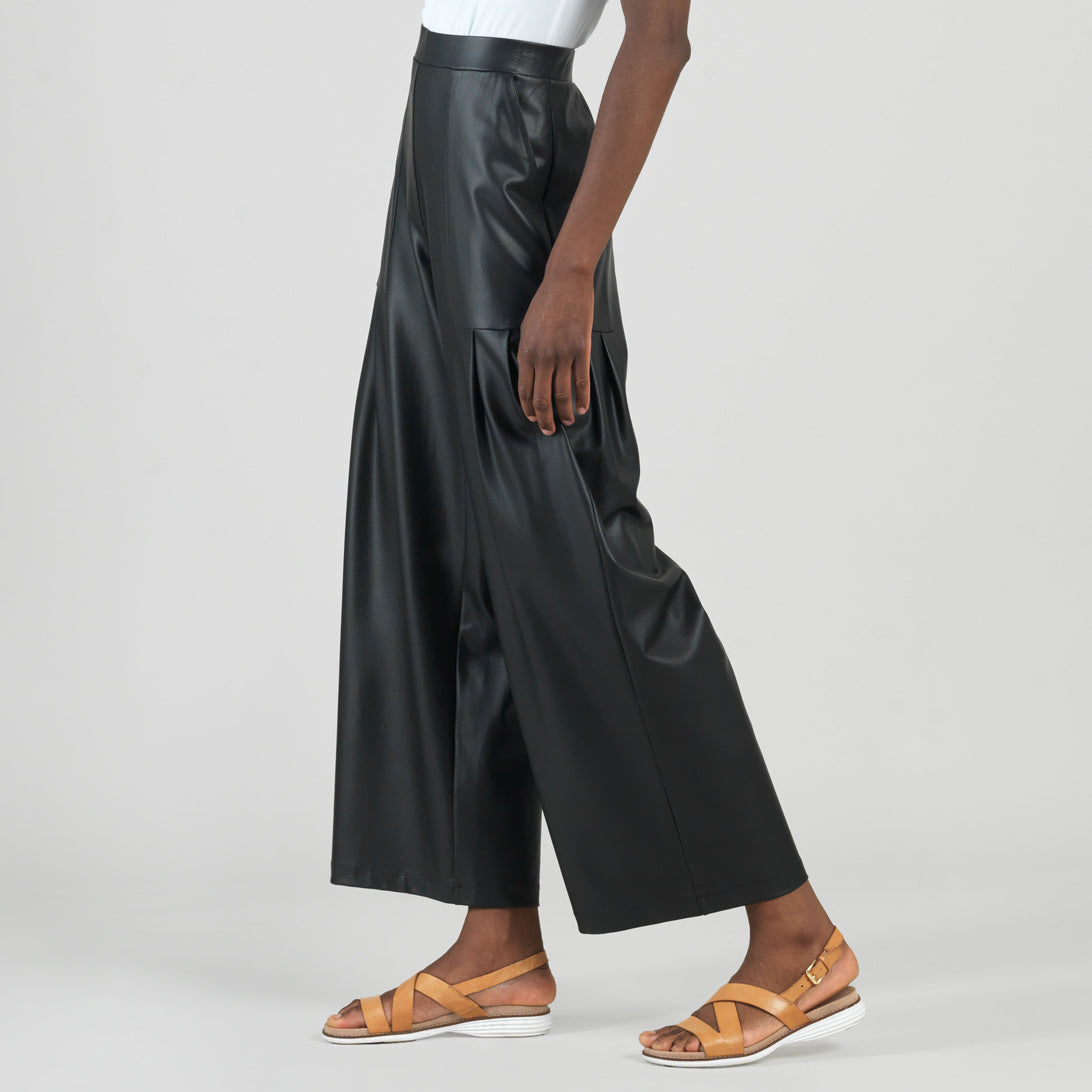 Liquid Leather™ - Sheen Pleated Wide Leg Pocket Pant - Black | Clara Sunwoo