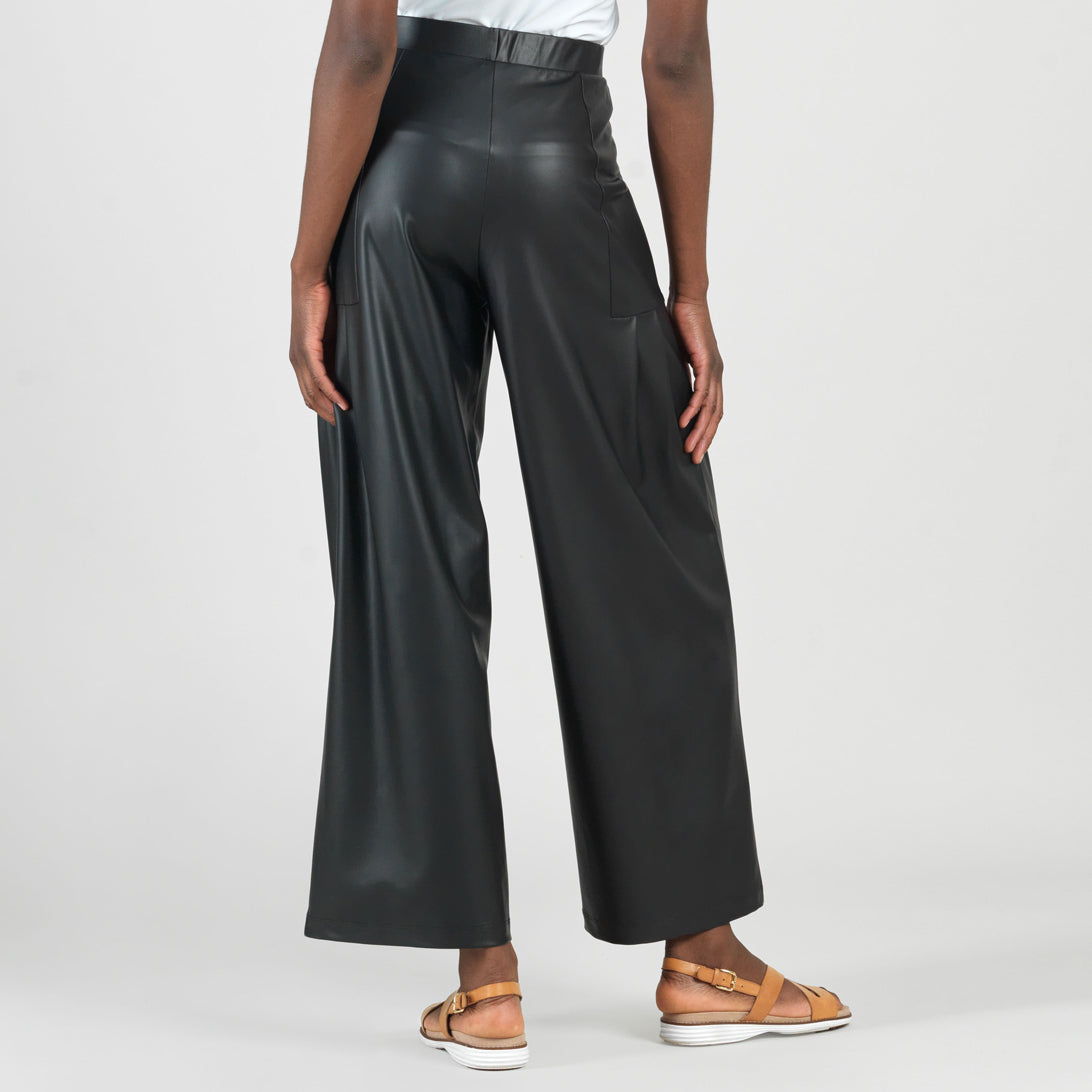 Liquid Leather™ - Sheen Pleated Wide Leg Pocket Pant - Black | Clara Sunwoo