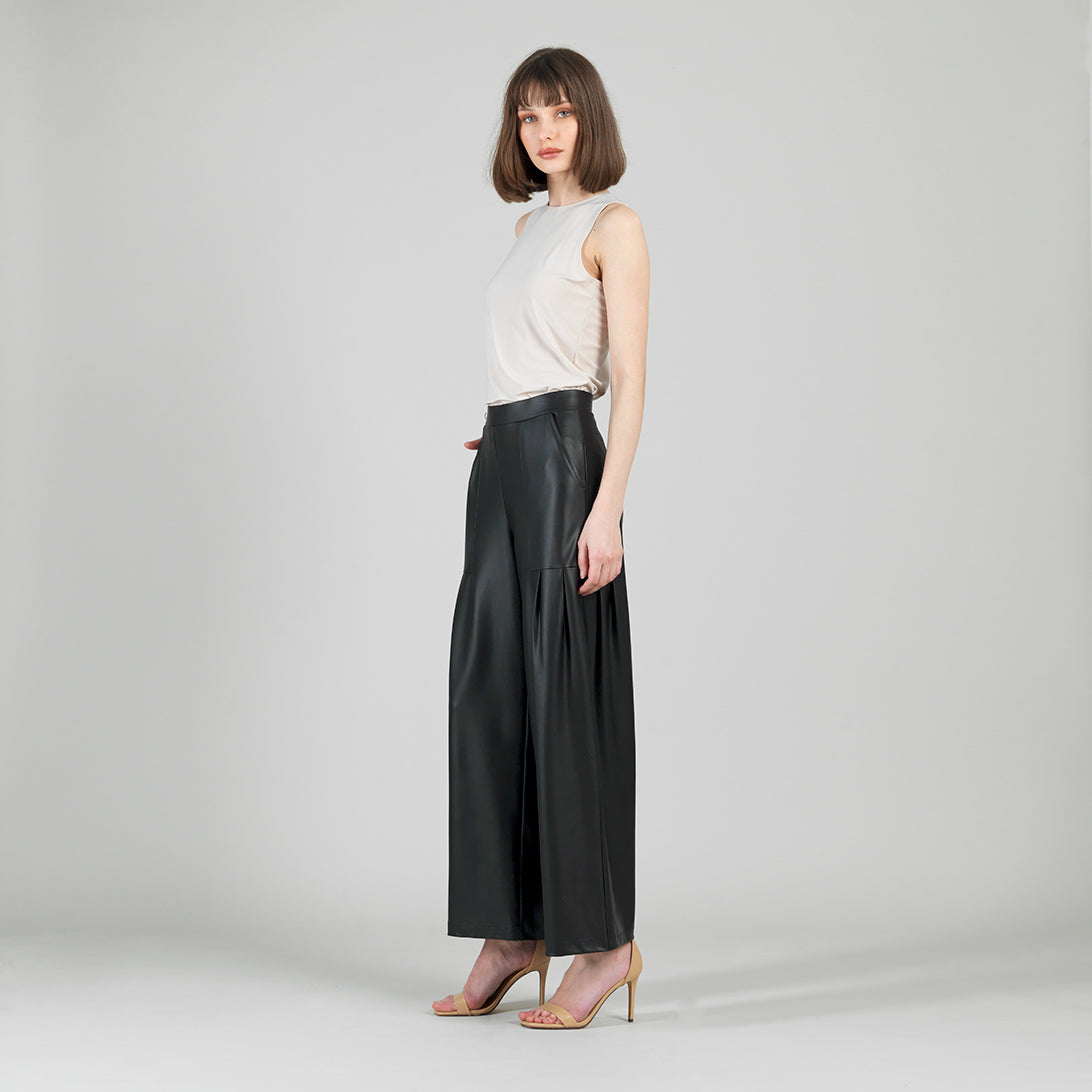 Liquid Leather™ - Sheen Pleated Wide Leg Pocket Pant - Black | Clara Sunwoo