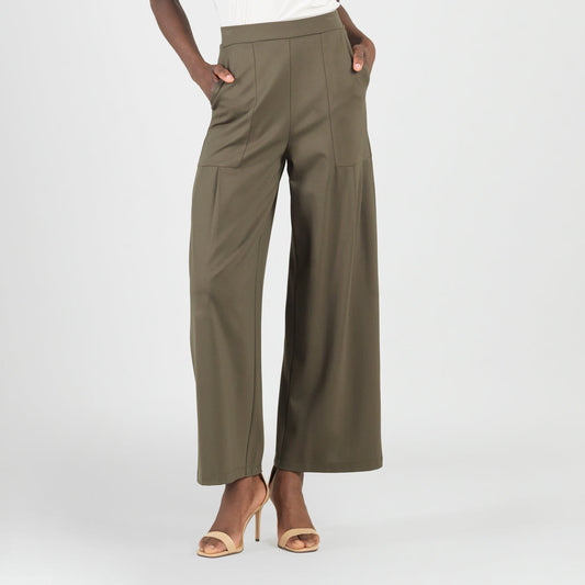 Rayon-Ponte Knit - Pleated Wide Leg Pocket Pant - Olive - Limited Sizes | Clara Sunwoo