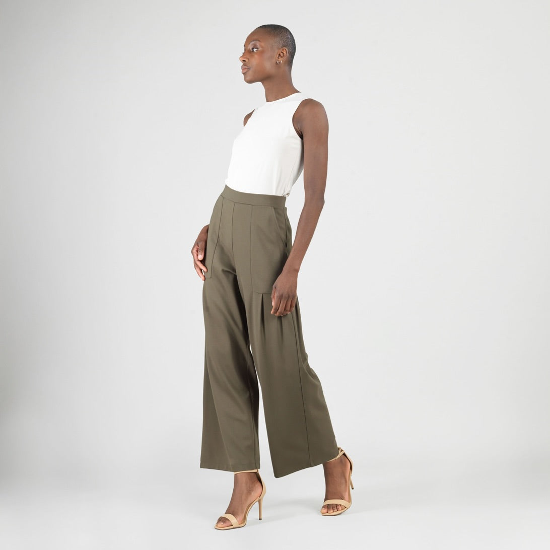 Rayon-Ponte Knit - Pleated Wide Leg Pocket Pant - Olive - Limited Sizes | Clara Sunwoo