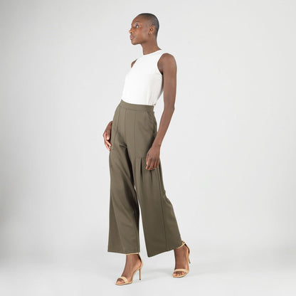 Rayon-Ponte Knit - Pleated Wide Leg Pocket Pant - Olive - Limited Sizes | Clara Sunwoo