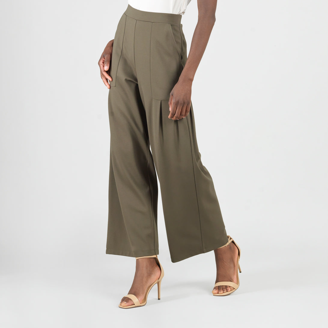 Rayon-Ponte Knit - Pleated Wide Leg Pocket Pant - Olive - Limited Sizes | Clara Sunwoo