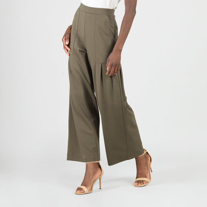 Rayon-Ponte Knit - Pleated Wide Leg Pocket Pant - Olive - Limited Sizes | Clara Sunwoo