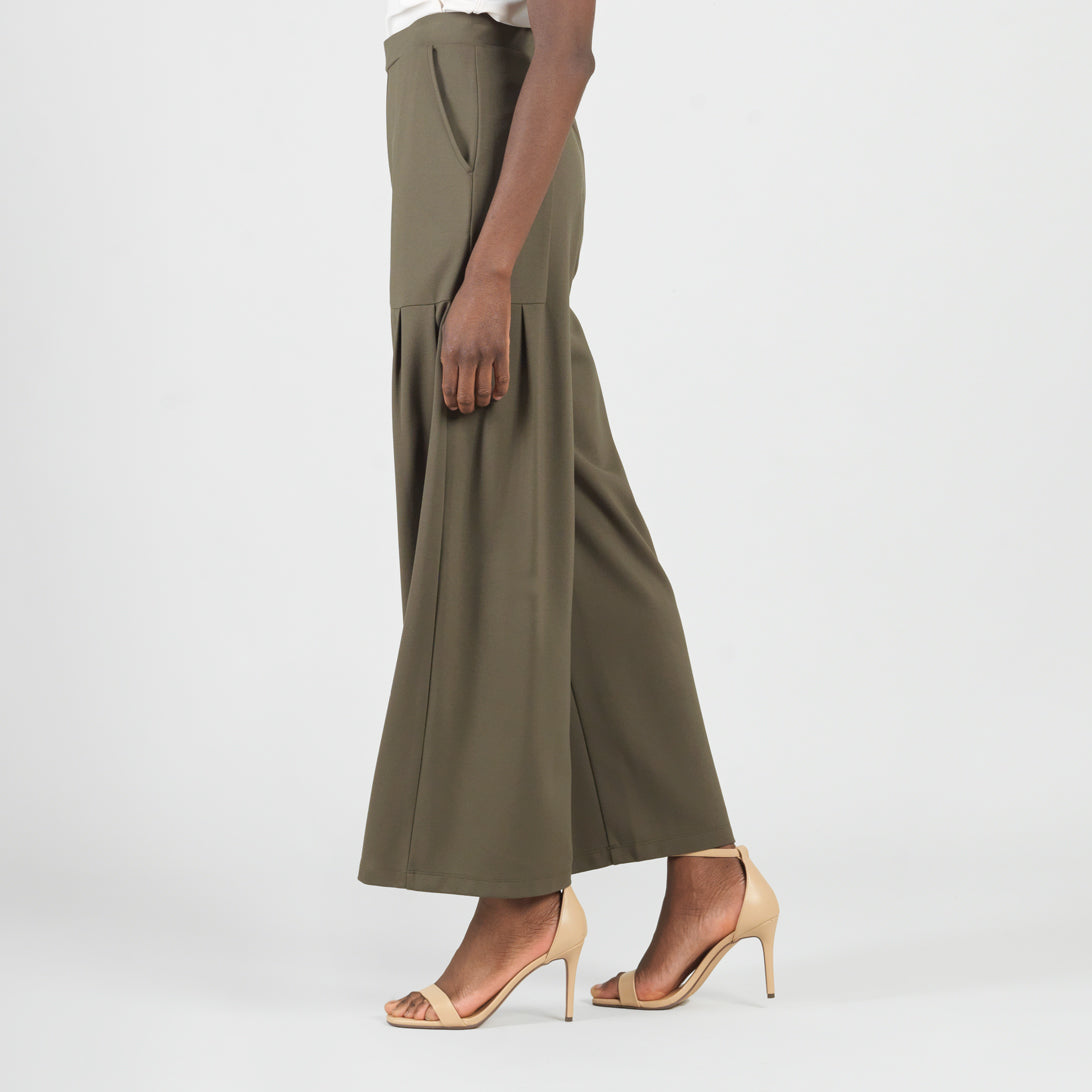 Rayon-Ponte Knit - Pleated Wide Leg Pocket Pant - Olive - Limited Sizes | Clara Sunwoo