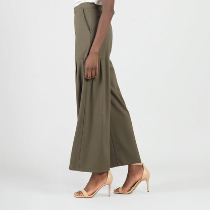 Rayon-Ponte Knit - Pleated Wide Leg Pocket Pant - Olive - Limited Sizes | Clara Sunwoo