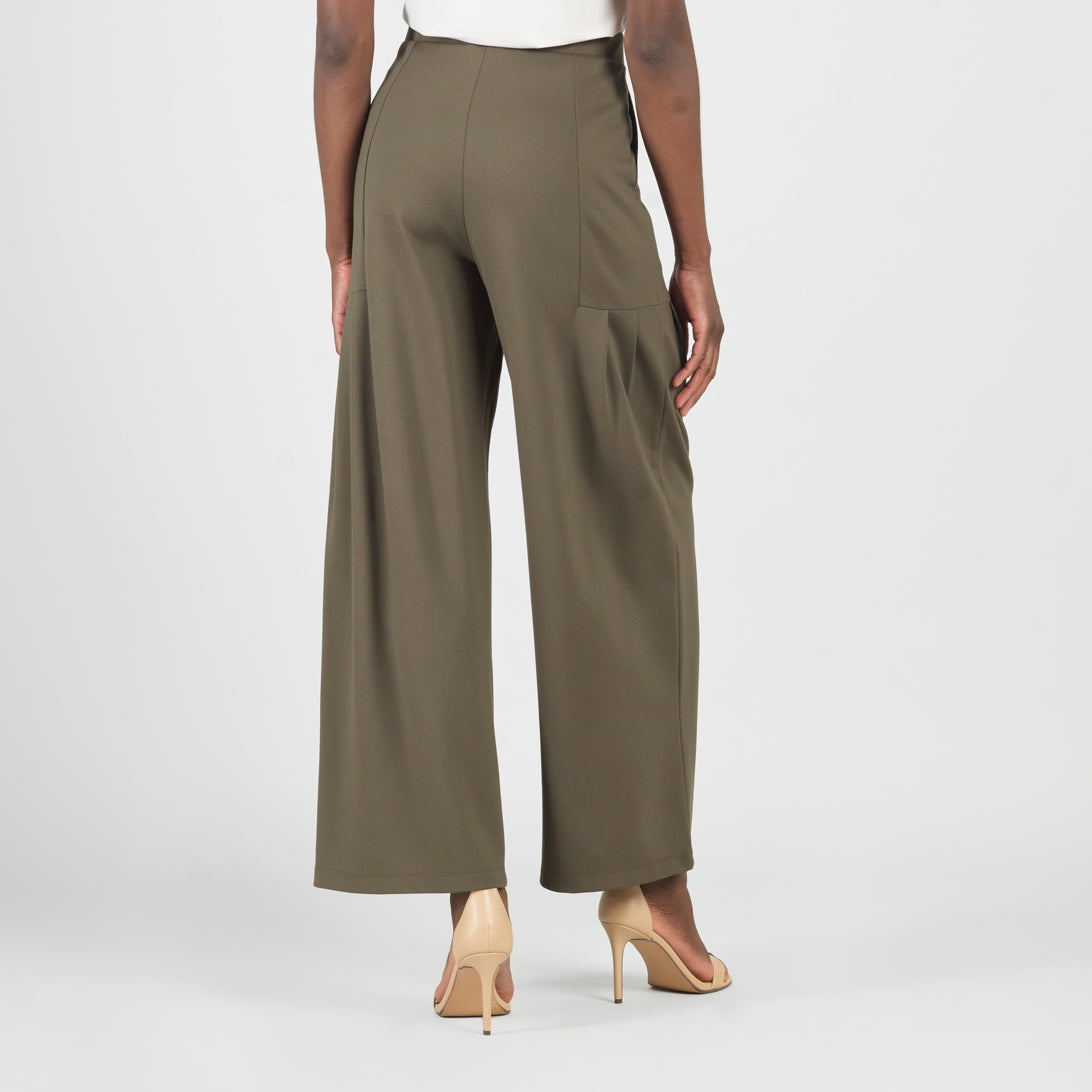 Rayon-Ponte Knit - Pleated Wide Leg Pocket Pant - Olive - Limited Sizes | Clara Sunwoo