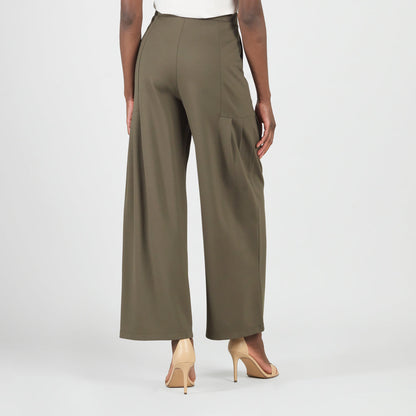 Rayon-Ponte Knit - Pleated Wide Leg Pocket Pant - Olive - Limited Sizes | Clara Sunwoo