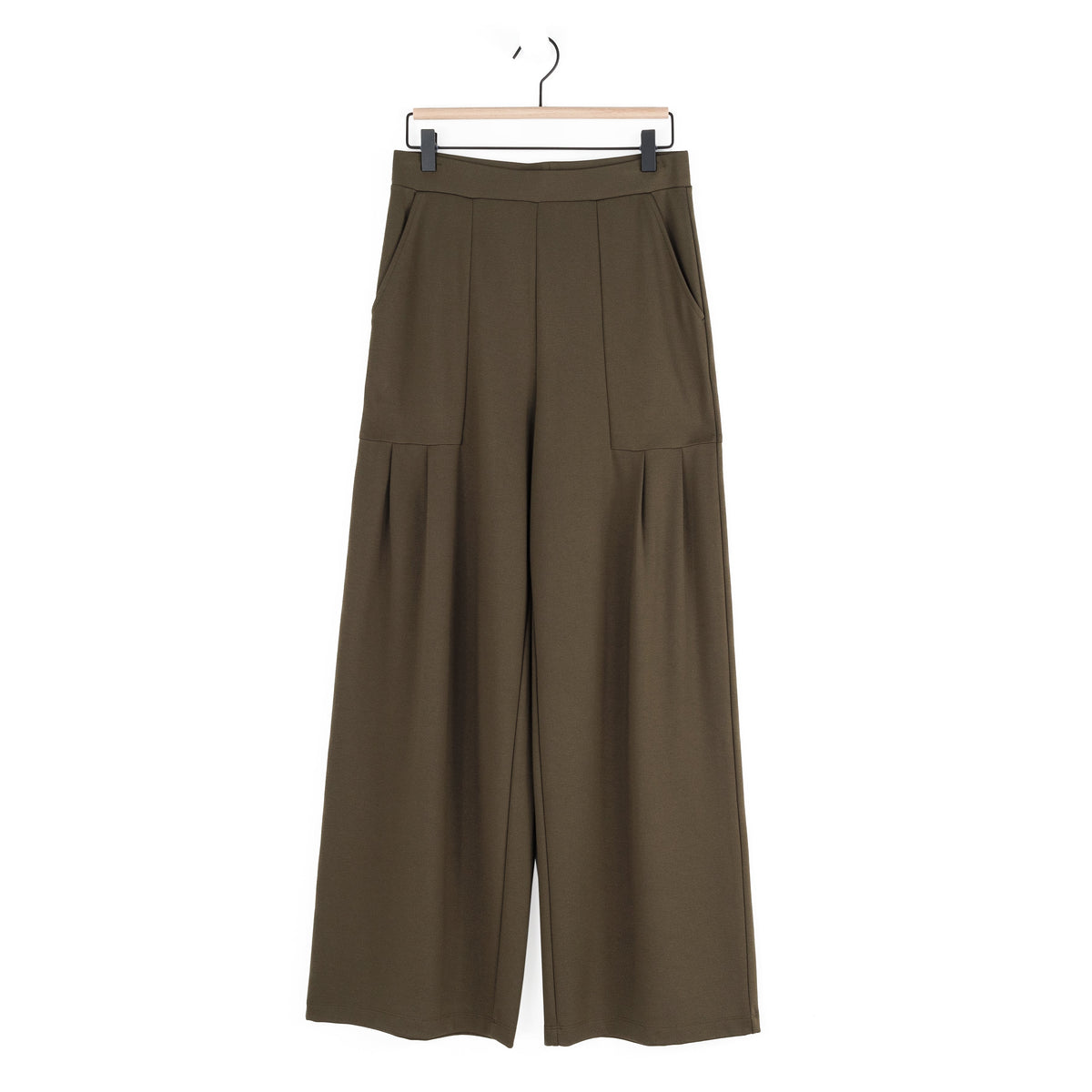 Rayon-Ponte Knit - Pleated Wide Leg Pocket Pant - Olive - Limited Sizes | Clara Sunwoo