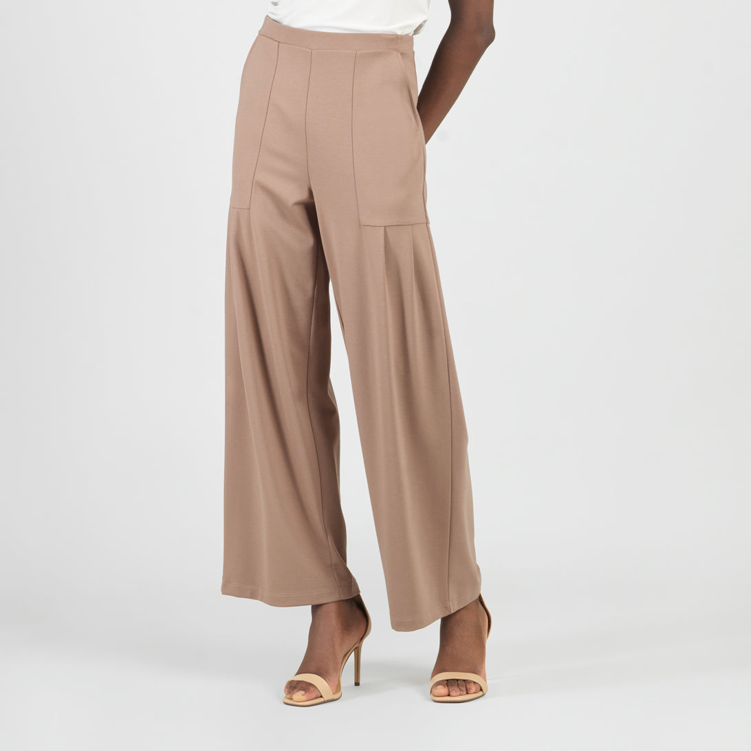 Rayon-Ponte Knit - Pleated Wide Leg Pocket Pant - Taupe - Limited Sizes | Clara Sunwoo