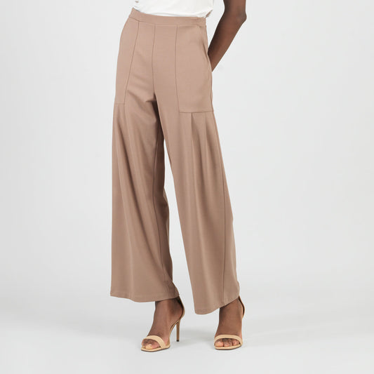 Rayon-Ponte Knit - Pleated Wide Leg Pocket Pant - Taupe - Limited Sizes | Clara Sunwoo