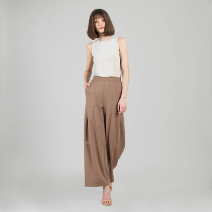 Rayon-Ponte Knit - Pleated Wide Leg Pocket Pant - Taupe - Limited Sizes | Clara Sunwoo