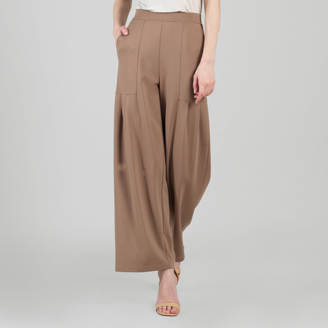 Rayon-Ponte Knit - Pleated Wide Leg Pocket Pant - Taupe - Limited Sizes | Clara Sunwoo