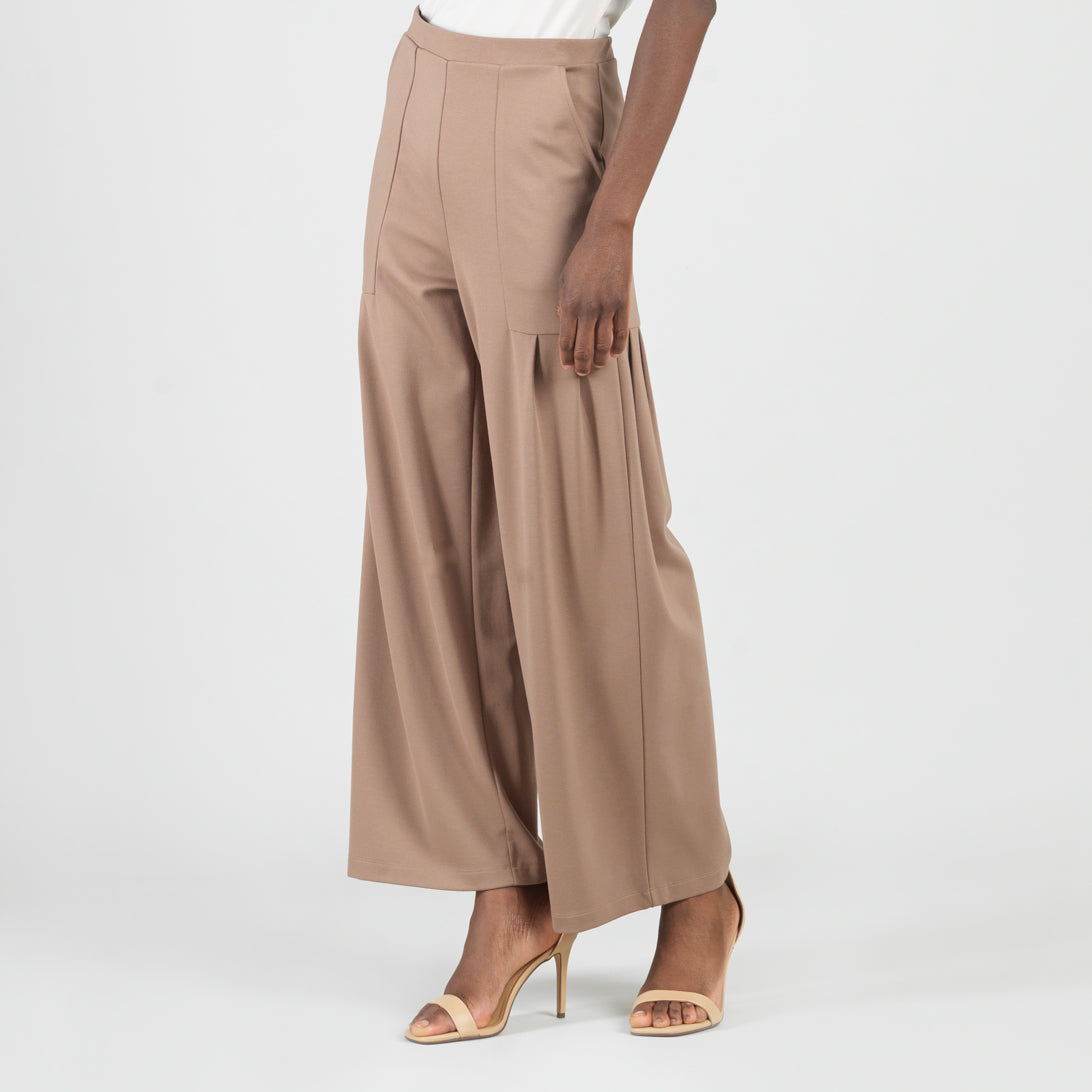 Rayon-Ponte Knit - Pleated Wide Leg Pocket Pant - Taupe - Limited Sizes | Clara Sunwoo