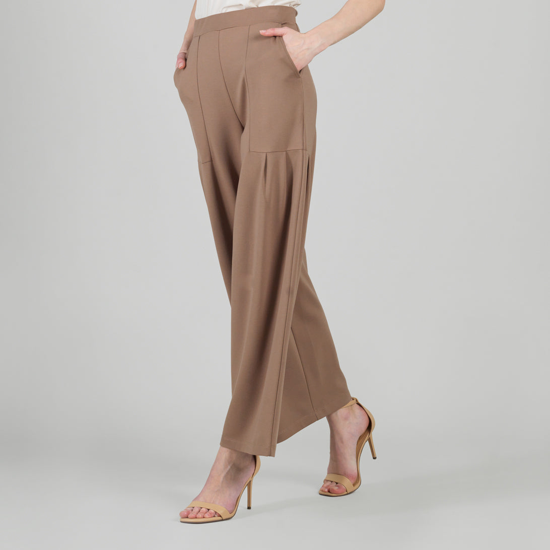 Rayon-Ponte Knit - Pleated Wide Leg Pocket Pant - Taupe - Limited Sizes | Clara Sunwoo