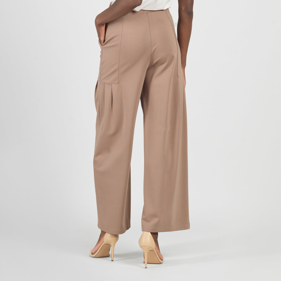 Rayon-Ponte Knit - Pleated Wide Leg Pocket Pant - Taupe - Limited Sizes | Clara Sunwoo
