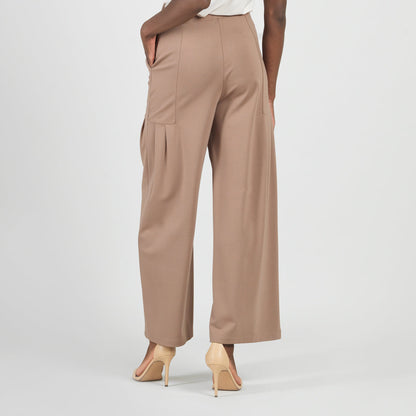 Rayon-Ponte Knit - Pleated Wide Leg Pocket Pant - Taupe - Limited Sizes | Clara Sunwoo