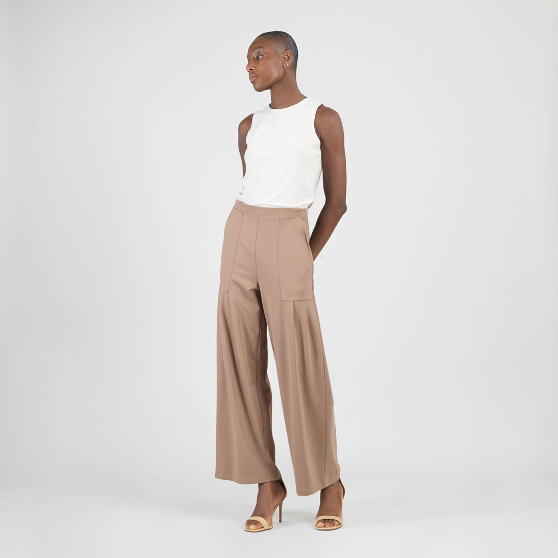 Rayon-Ponte Knit - Pleated Wide Leg Pocket Pant - Taupe - Limited Sizes | Clara Sunwoo