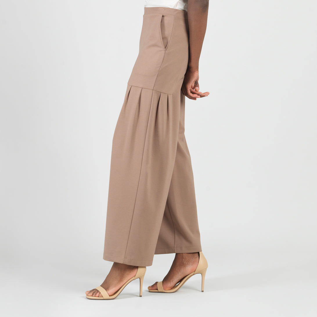 Rayon-Ponte Knit - Pleated Wide Leg Pocket Pant - Taupe - Limited Sizes | Clara Sunwoo