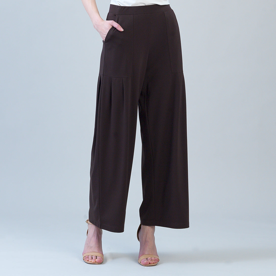Rayon-Ponte Knit - Pleated Wide Leg Pocket Pant - Brown | Clara Sunwoo