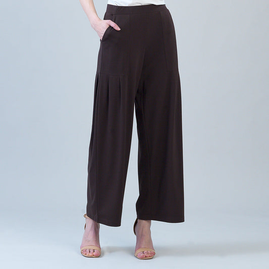 Rayon-Ponte Knit - Pleated Wide Leg Pocket Pant - Brown | Clara Sunwoo