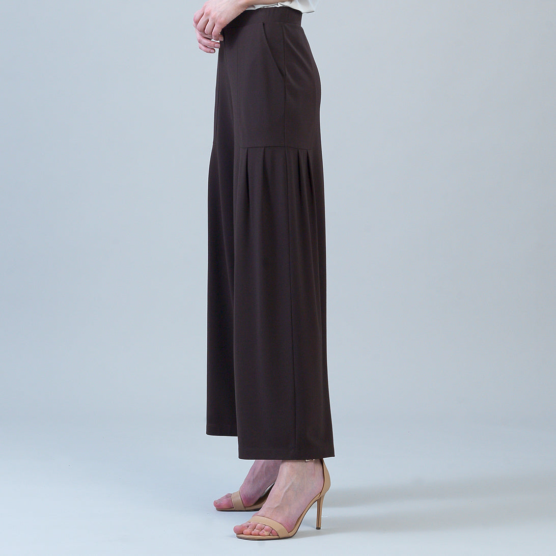 Rayon-Ponte Knit - Pleated Wide Leg Pocket Pant - Brown | Clara Sunwoo