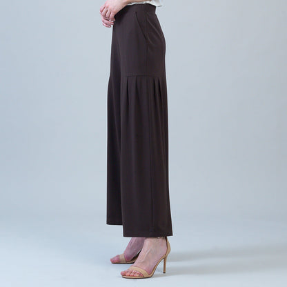 Rayon-Ponte Knit - Pleated Wide Leg Pocket Pant - Brown | Clara Sunwoo