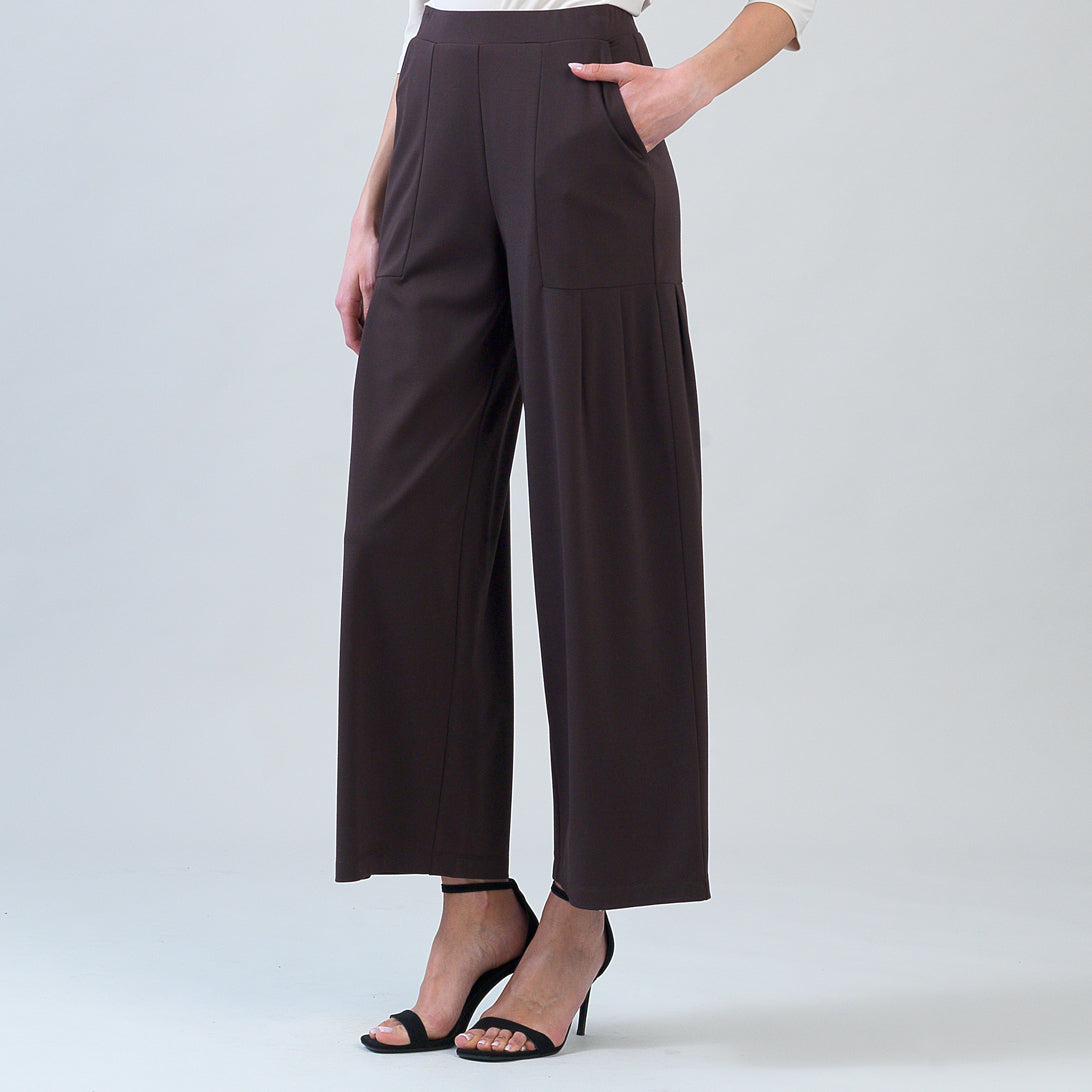 Rayon-Ponte Knit - Pleated Wide Leg Pocket Pant - Brown | Clara Sunwoo