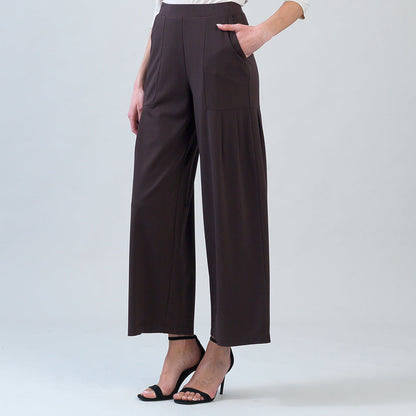 Rayon-Ponte Knit - Pleated Wide Leg Pocket Pant - Brown | Clara Sunwoo