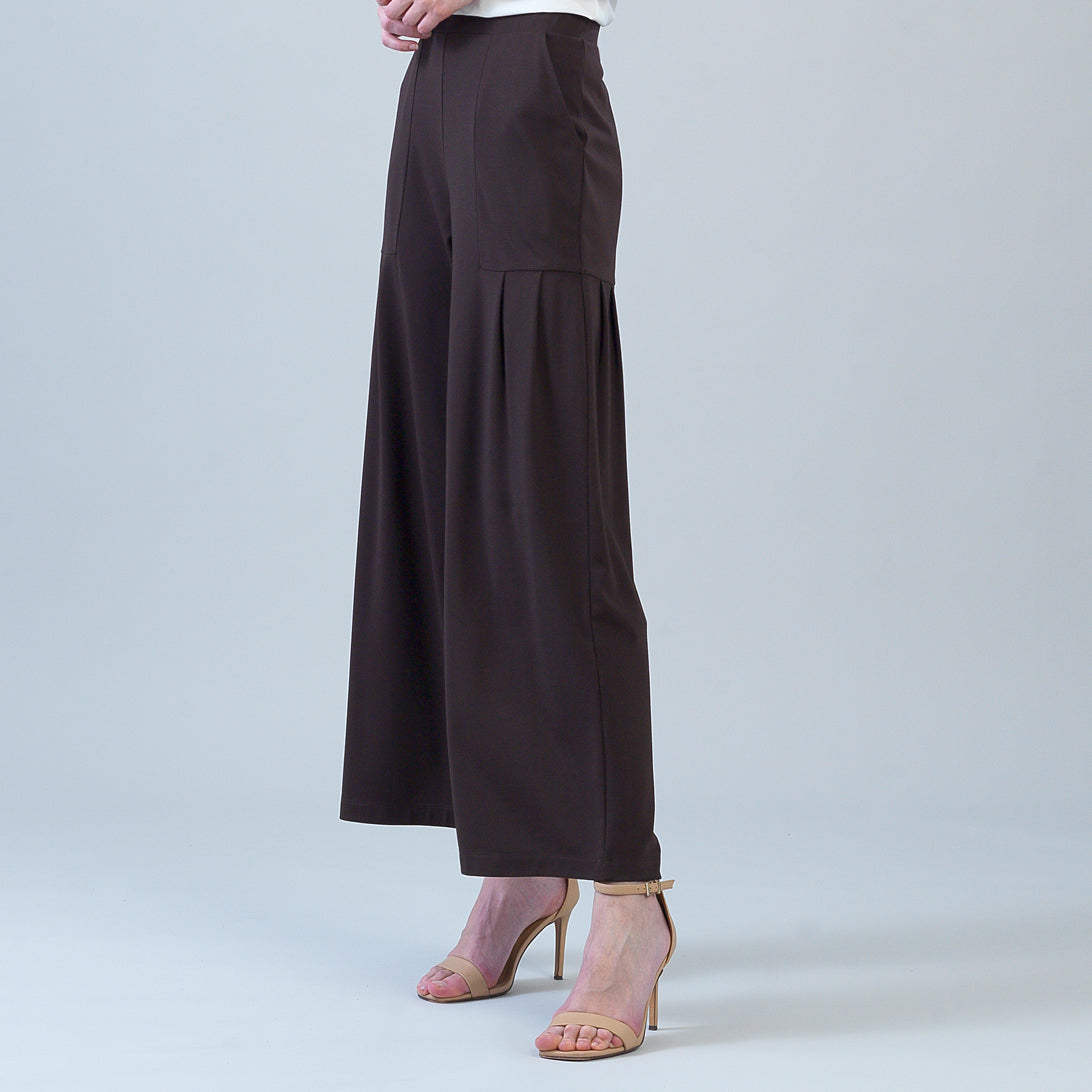 Rayon-Ponte Knit - Pleated Wide Leg Pocket Pant - Brown | Clara Sunwoo