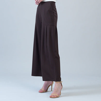 Rayon-Ponte Knit - Pleated Wide Leg Pocket Pant - Brown | Clara Sunwoo