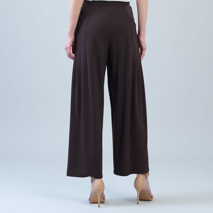 Rayon-Ponte Knit - Pleated Wide Leg Pocket Pant - Brown | Clara Sunwoo