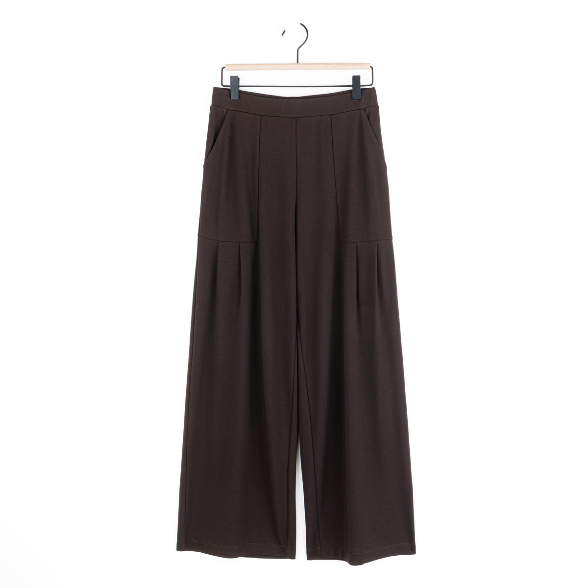 Rayon-Ponte Knit - Pleated Wide Leg Pocket Pant - Brown | Clara Sunwoo