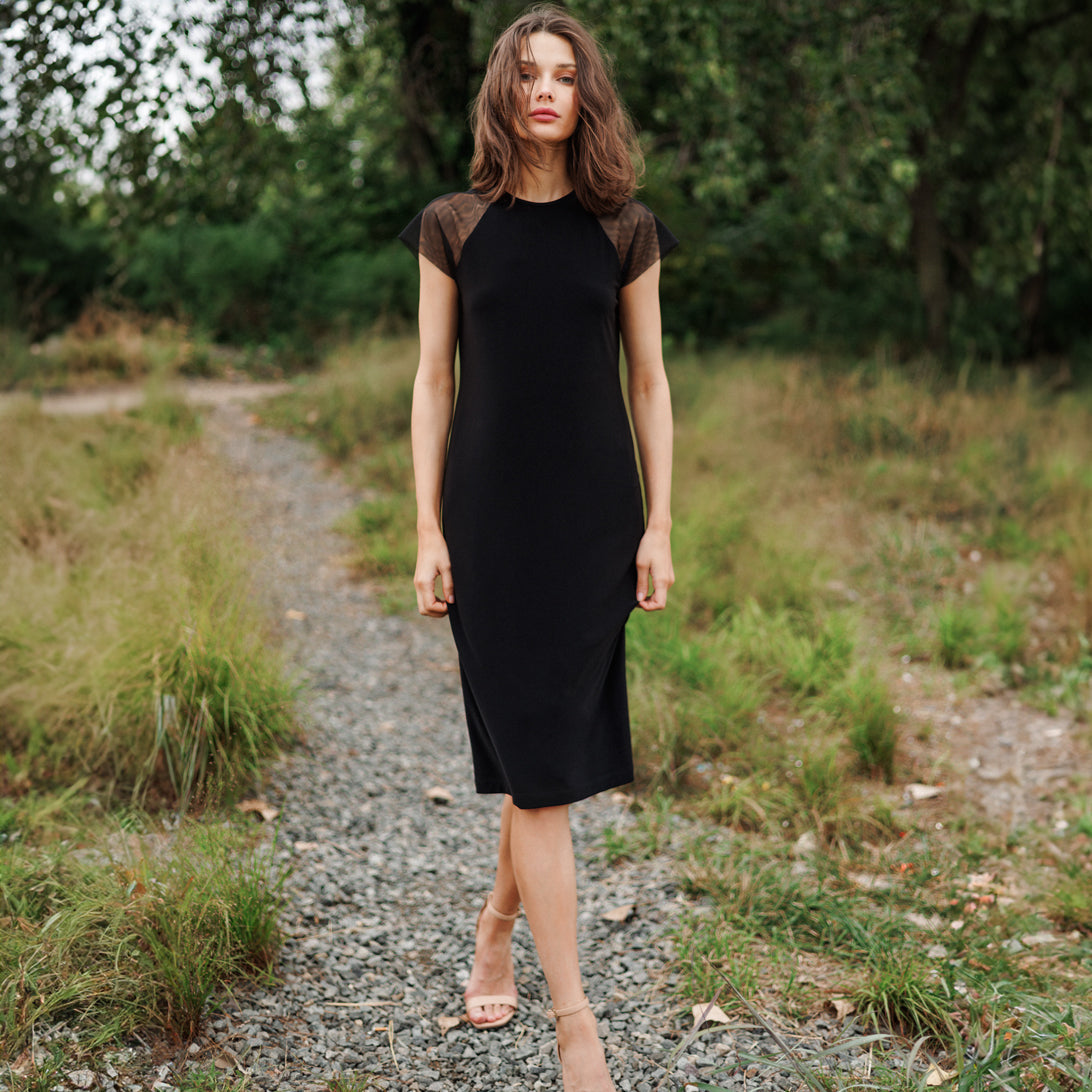 Mesh Cap Sleeve Midi Dress - Black | Clara Sunwoo
