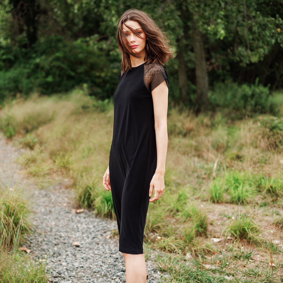 Mesh Cap Sleeve Midi Dress - Black | Clara Sunwoo