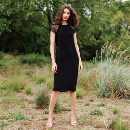 Mesh Cap Sleeve Midi Dress - Black | Clara Sunwoo