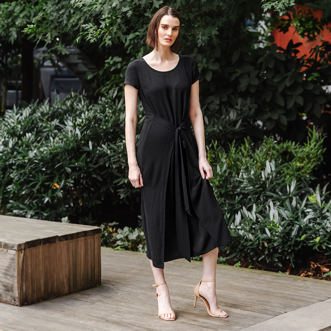 Soft Textured Rayon - Tie Wrap Overlay Midi Dress - Black - Final Sale! | Clara Sunwoo