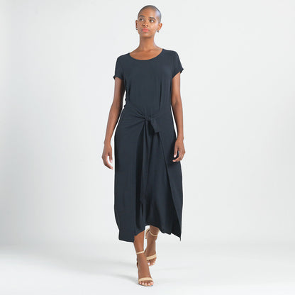 Soft Textured Rayon - Tie Wrap Overlay Midi Dress - Black - Final Sale! | Clara Sunwoo