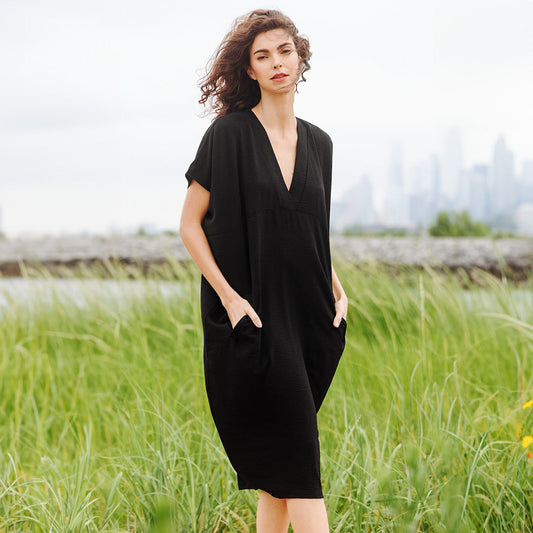 Textured Rayon - Caftan Pocket Dress - Black - Final Sale | Clara Sunwoo
