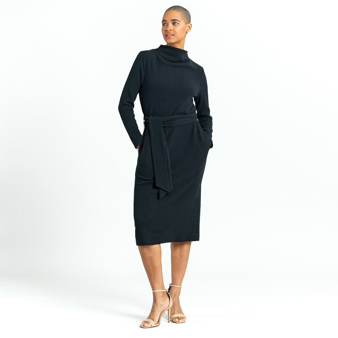 Chunky Ribbed - Tie Waist Pocket Midi Sweater Dress - Black - Final Sale! | Clara Sunwoo