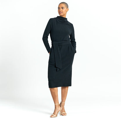 Chunky Ribbed - Tie Waist Pocket Midi Sweater Dress - Black - Final Sale! | Clara Sunwoo
