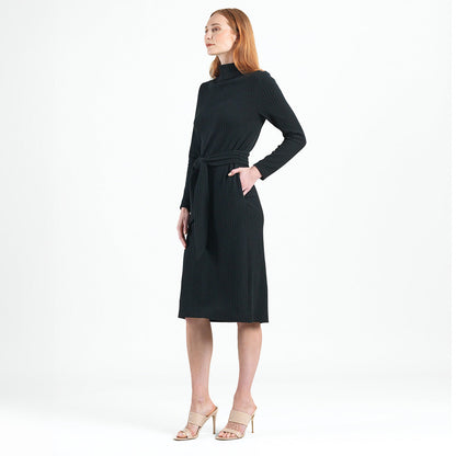 Chunky Ribbed - Tie Waist Pocket Midi Sweater Dress - Black - Final Sale! | Clara Sunwoo
